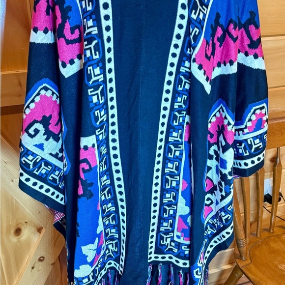 Flying Tomato Open Front Fringe Trimmed Black, Pink & Purple One Size Kimono - Picture 8 of 10